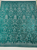 Teal Green Sequin Fabric - by the yard - On Mesh 4 Way Stretch, Damask Design Sequins
