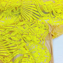 4 Way Stretch Damask Design Yellow Sequins Fabric On NUDE Mesh By Yard