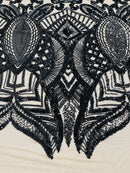 Black - 4 Way Stretch Embroidered Royalty Sequins Design Fabric By Yard