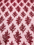 Burgundy Floral Lace Fabric by the yard Corded Flower Embroidery Design With Sequins on a Mesh