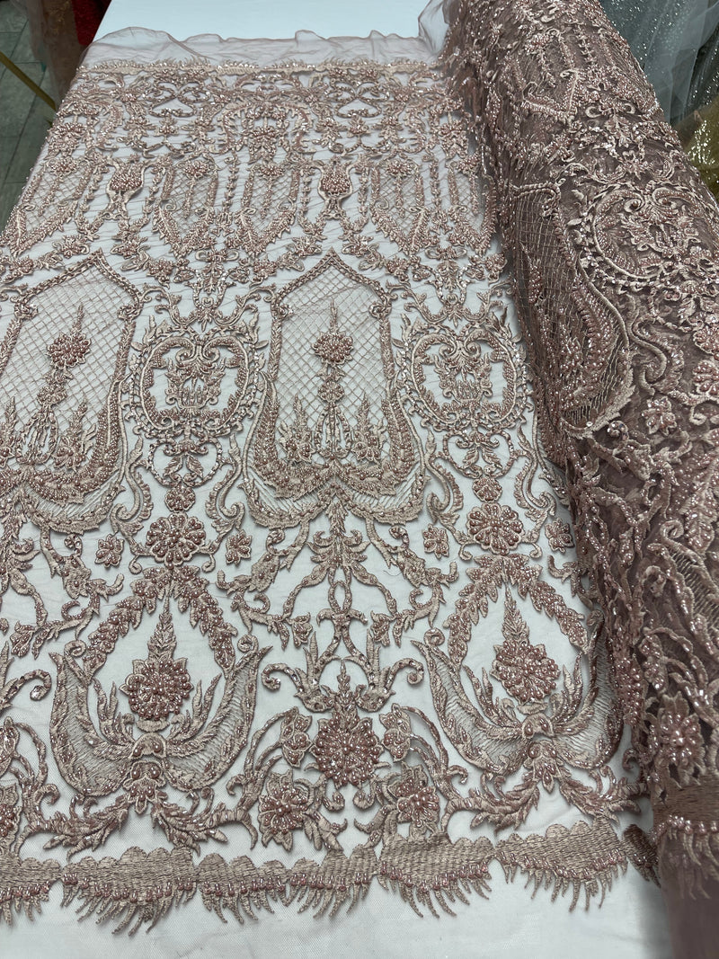 Mauve Beaded Damask Fabric - by the yard - Embroidered with Beads and Sequins on Mesh Fabric
