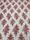 Dusty Rose Floral Lace Fabric - by the yard - Corded Flower Embroidery Design With Sequins on a Mesh