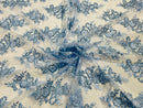 Baby Blue Floral Lace Fabric - by the yard - Corded Flower Embroidery Design With Sequins on a Mesh