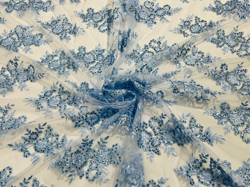 Blue Floral Corded Dress Fabric