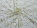 Ivory/off white Floral Lace Fabric by the yard Corded Flower Embroidery Design With Sequins on a Mesh