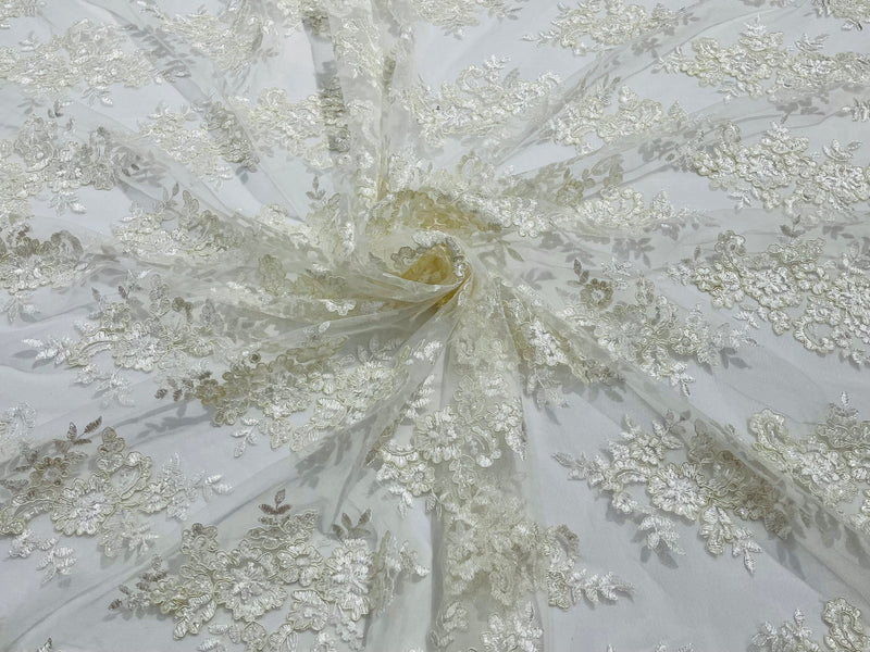 Ivory/off white Floral Lace Fabric by the yard Corded Flower Embroidery Design With Sequins on a Mesh