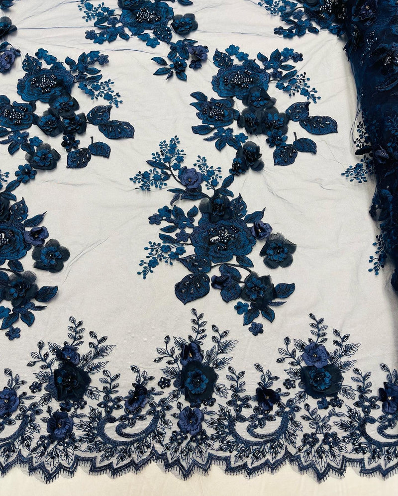 NAVY BLUE Flower 3D Fabric - by the Yard - Embroided Fabric Flower Pearls and Beaded Fabric