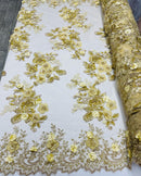 Gold Flower 3D Fabric - by the Yard - Embroided Fabric Flower Pearls and Beaded Fabric