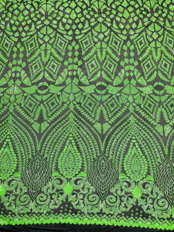 Neón Green Sequins Fabric On Black Mesh 4 Way Stretch Geometric Design By The Yard