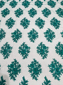 Floral Lace Fabric - Teal Green - Flower Cluster Embroidery Design With Sequins on a Mesh