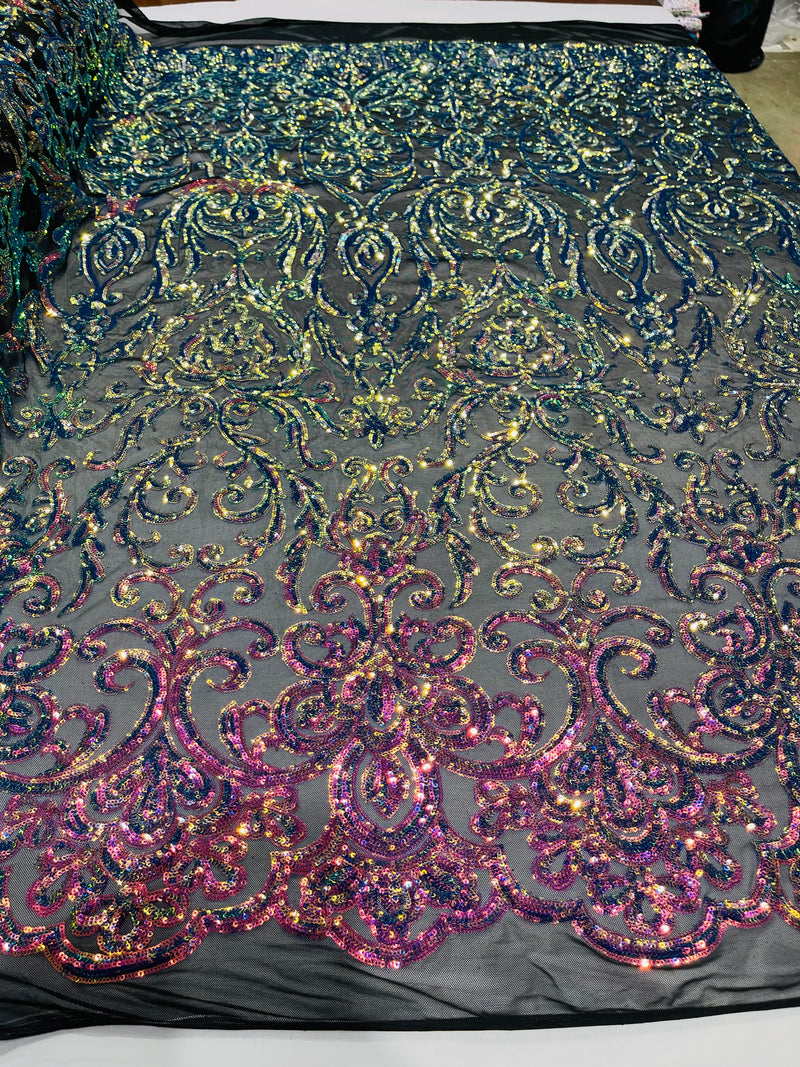 Iridescent Rainbow Sequin Fabric On Black Mesh 4 Way Stretch Damask Design By The Yard
