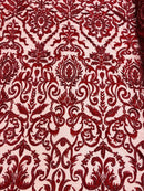 Burgundy Bridal Lace Hand Beaded Embroidered Floral Fabric - by the yard - Wedding Beaded Fabric