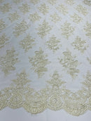 Ivory Floral Lace Fabric - by the yard - Corded Flower Embroidery Design With Sequins on a Mesh
