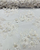 Of White Flower 3D Fabric - by the Yard - Embroided Fabric Flower Pearls and Beaded Fabric