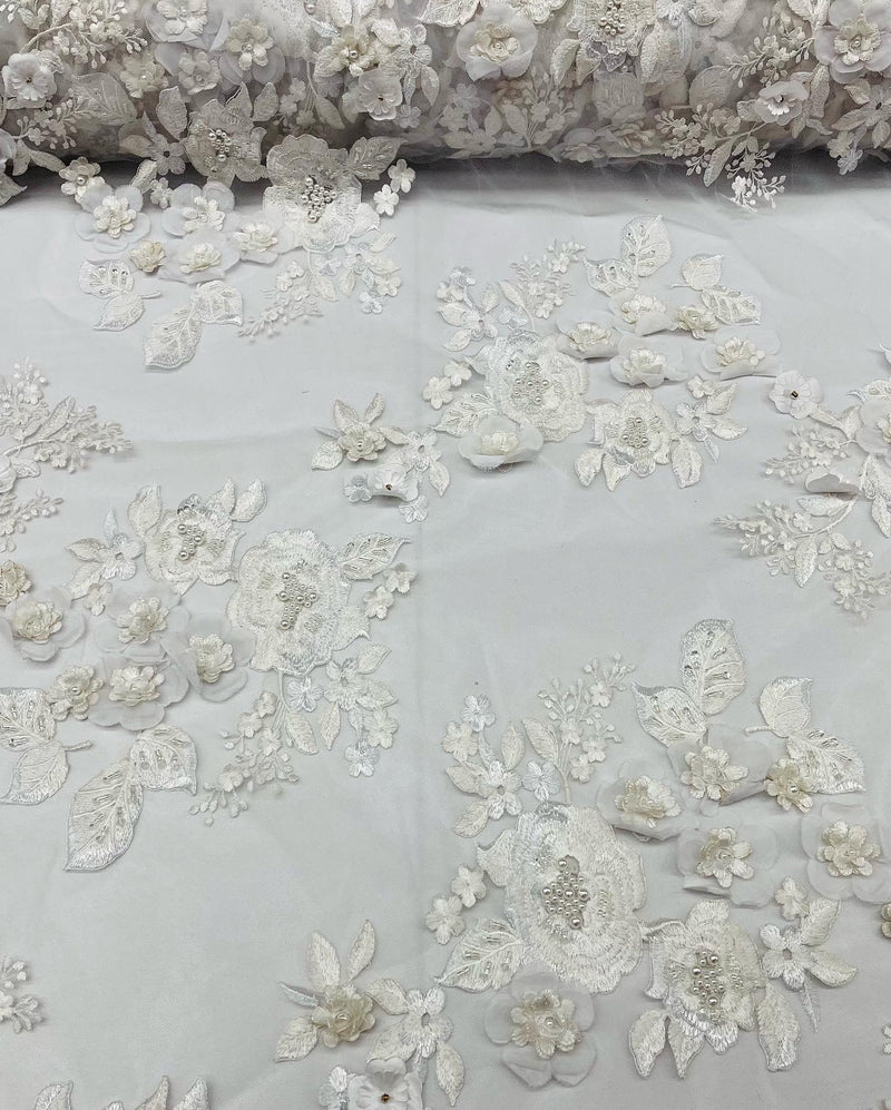 Of White Flower 3D Fabric - by the Yard - Embroided Fabric Flower Pearls and Beaded Fabric