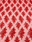Red Floral Lace Fabric - by the yard - Corded Flower Embroidery Design With Sequins on a Mesh