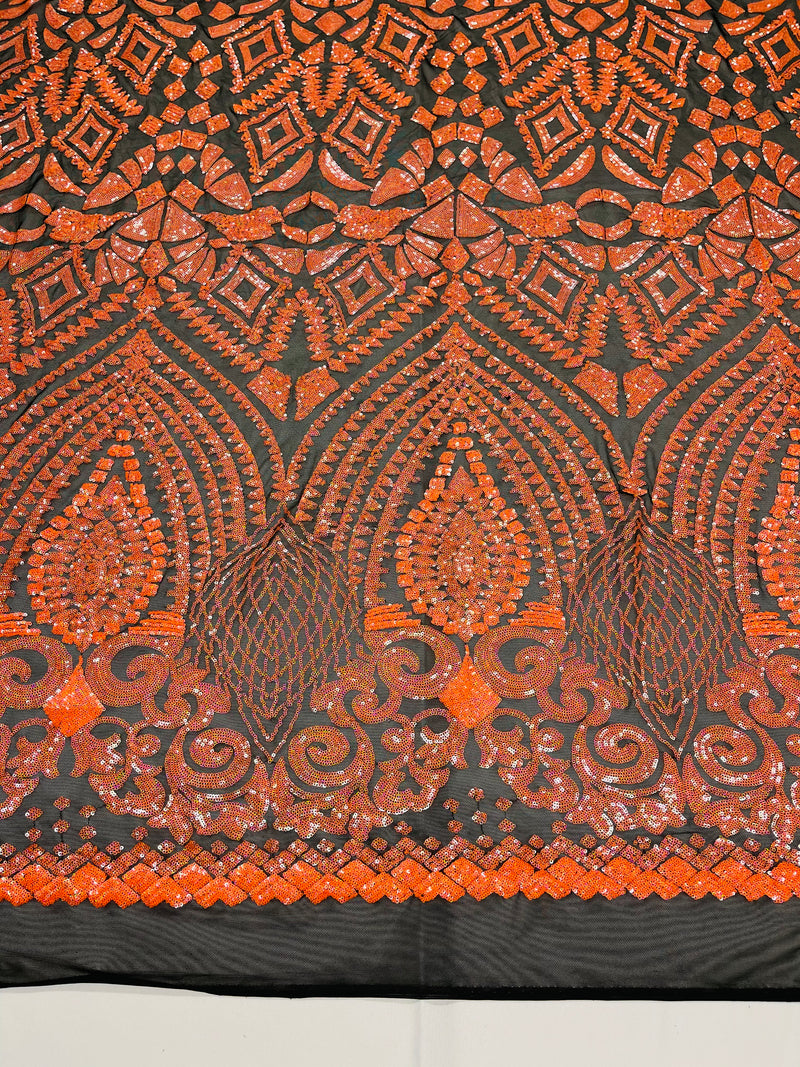 Orange Iridescent Sequins Fabric On Black Mesh 4 Way Stretch Geometric Design By The Yard