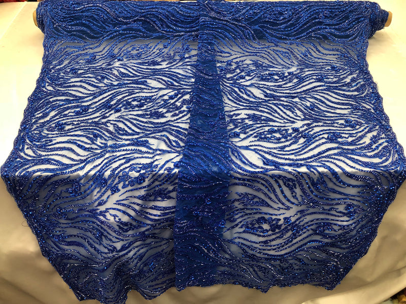 Beaded Lace Fabric - Royal Blue -  Embroidery on Mesh For Bridal Wedding Fancy Dress Sample