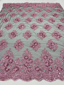 Floral Lace Fabric - Pink on Black Mesh - Flower Cluster Embroidery Design With Sequins on a Mesh