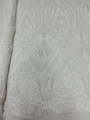 White Sequins Fabric, 4 Way Stretch Embroidery With Sequin On a Mesh By The Yard