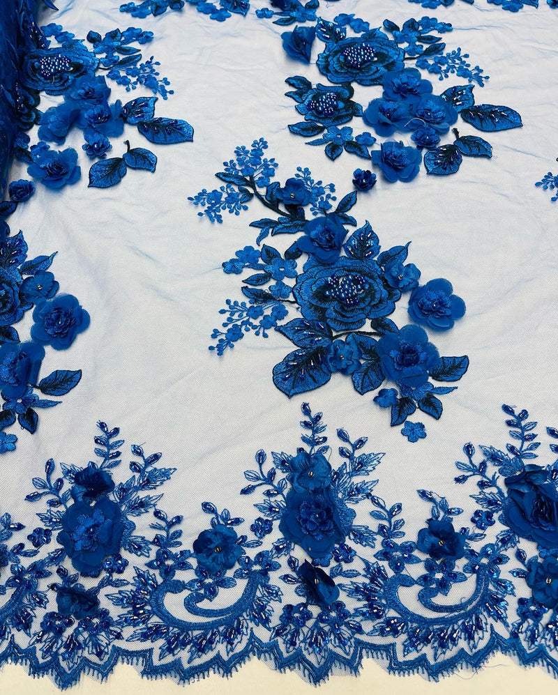Royal Blue Flower 3D Fabric - by the Yard - Embroided Fabric Flower Pearls and Beaded Fabric