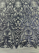 Navy Blue Sequin Fabric - by the yard - On Mesh 4 Way Stretch, Damask Design Sequins
