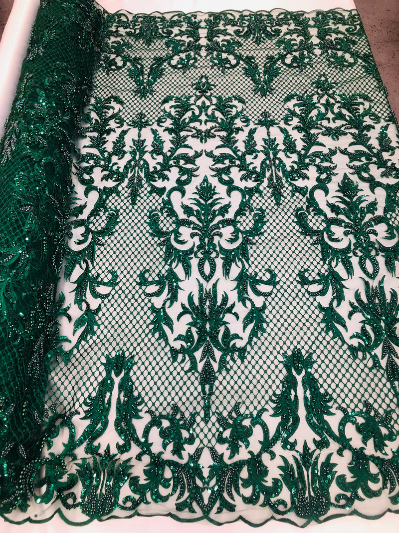 Hunter Green Beaded Fabric - Hand Embroidery Lace Bridal Floral Mesh Dress Fabric By Yard