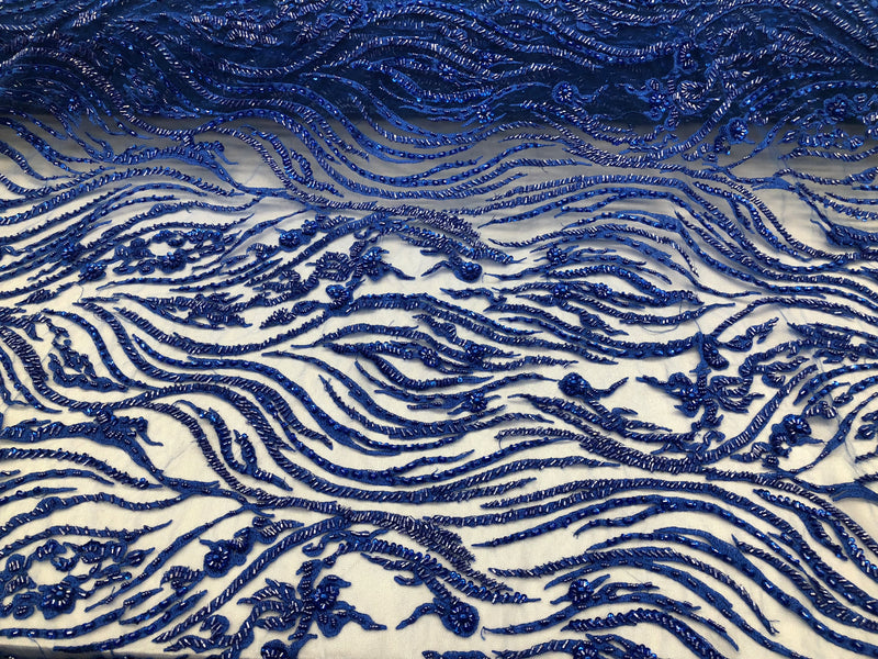 Beaded Lace Fabric - Royal Blue -  Embroidery on Mesh For Bridal Wedding Fancy Dress Sample