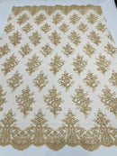 Metallic Gold/Skin Mesh Floral Lace Fabric by the yard Corded Flower Embroidery Design With Sequins