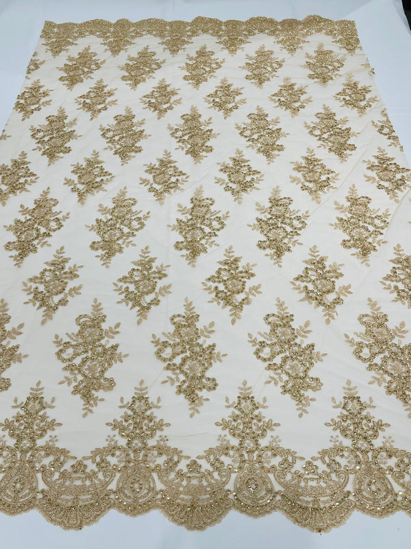 Metallic Gold/Skin Mesh Floral Lace Fabric by the yard Corded Flower Embroidery Design With Sequins