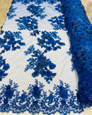 Royal Blue Flower 3D Fabric - by the Yard - Embroided Fabric Flower Pearls and Beaded Fabric