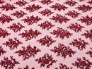 Burgundy Floral Lace Fabric by the yard Corded Flower Embroidery Design With Sequins on a Mesh