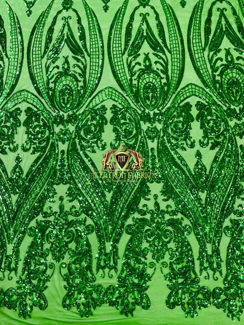 Big Damask Sequins Fabric - Emerald - 4 Way Stretch Damask Sequins Design Fabric By Yard