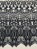 Black - 4 Way Stretch Embroidered Royalty Sequins Design Fabric By Yard
