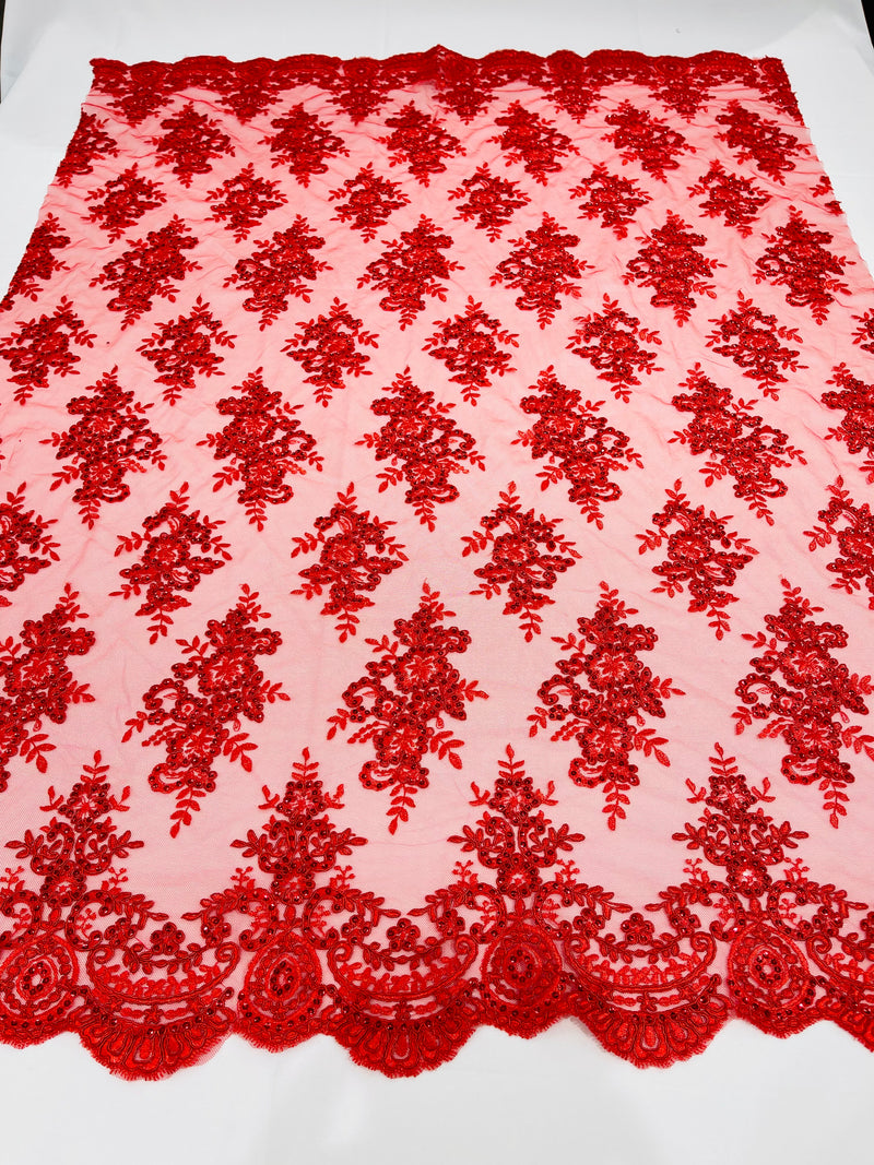 Red Floral Lace Fabric - by the yard - Corded Flower Embroidery Design With Sequins on a Mesh