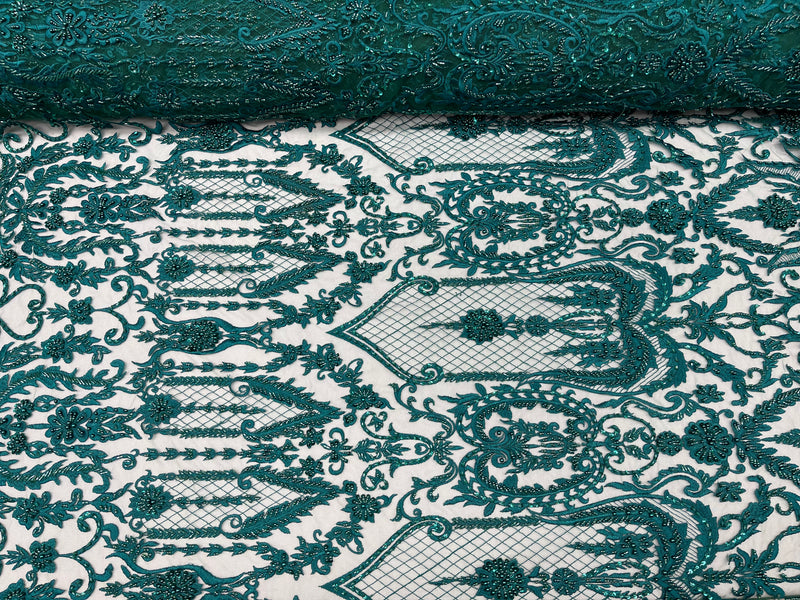 Hunter Green Beaded Damask Fabric - by the yard - Embroidered with Beads and Sequins on Mesh Fabric