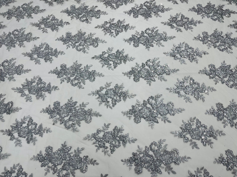 Silver Floral Lace Fabric by the yard Corded Flower Embroidery Design With Sequins on a Mesh