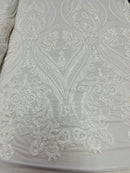 White Sequins Fabric, 4 Way Stretch Embroidery With Sequin On a Mesh By The Yard