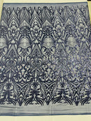 Navy Blue Sequin Fabric - by the yard - On Mesh 4 Way Stretch, Damask Design Sequins