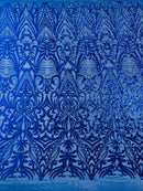 Royal Blue Sequin Fabric - by the yard - On Mesh 4 Way Stretch, Damask Design Sequins
