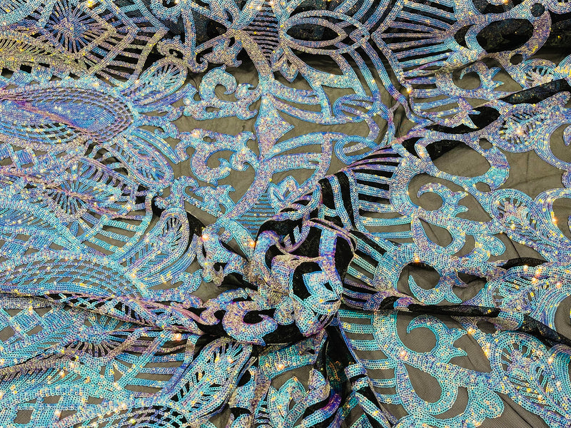 Aqua/Blue Iridescent - 4 Way Stretch Embroidered Royalty Sequins Design Fabric By Yard