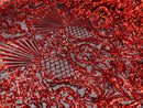 Red Sequins On Black Mesh 4 Way Stretch Damask Design Fabric On Stretch Mesh By The Yard
