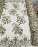 Silver Flower 3D Fabric - by the Yard - Embroided Fabric Flower Pearls and Beaded Fabric