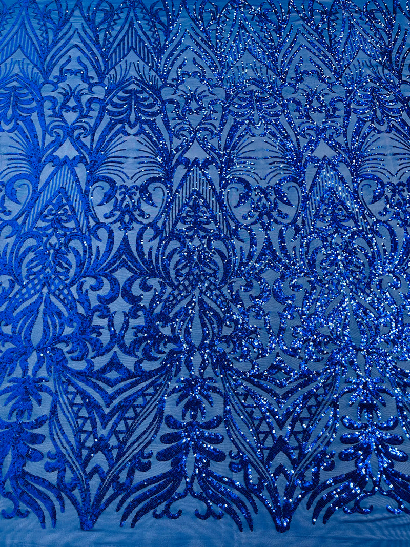Royal Blue Sequin Fabric - by the yard - On Mesh 4 Way Stretch, Damask Design Sequins
