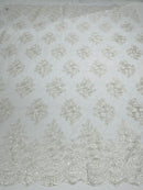 Floral Lace Fabric - Off-White - Flower Cluster Embroidery Design With Sequins on a Mesh