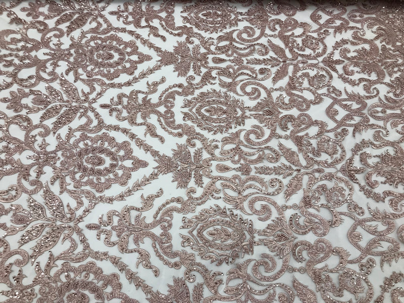 Rose Gold Bridal Lace Hand Beaded Embroidered Floral Fabric - by the yard - Wedding Beaded Fabric