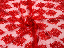 Floral Lace Fabric - Red - Flower Cluster Embroidery Design With Sequins on a Mesh