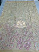 Big Damask Sequins Fabric - White/Pink Sequins - 4 Way Stretch Damask Sequins Design Fabric By Yard