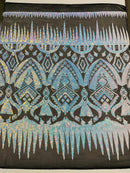 Aqua Iridescent Sequin Fabric, by the yard - Black Mesh 4 Way Stretch Aztec Design