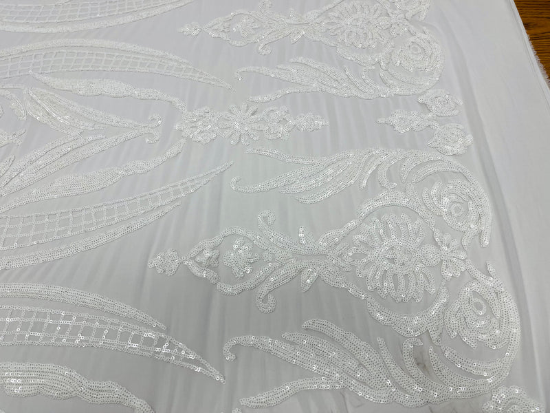 White Sequins Fabric, 4 Way Stretch Embroidery With Sequin On a Mesh By The Yard